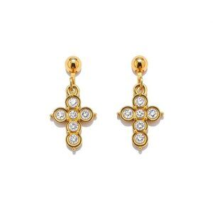 Gold-Tone Cross Dangle Clip-On Earrings With Clear Crystals